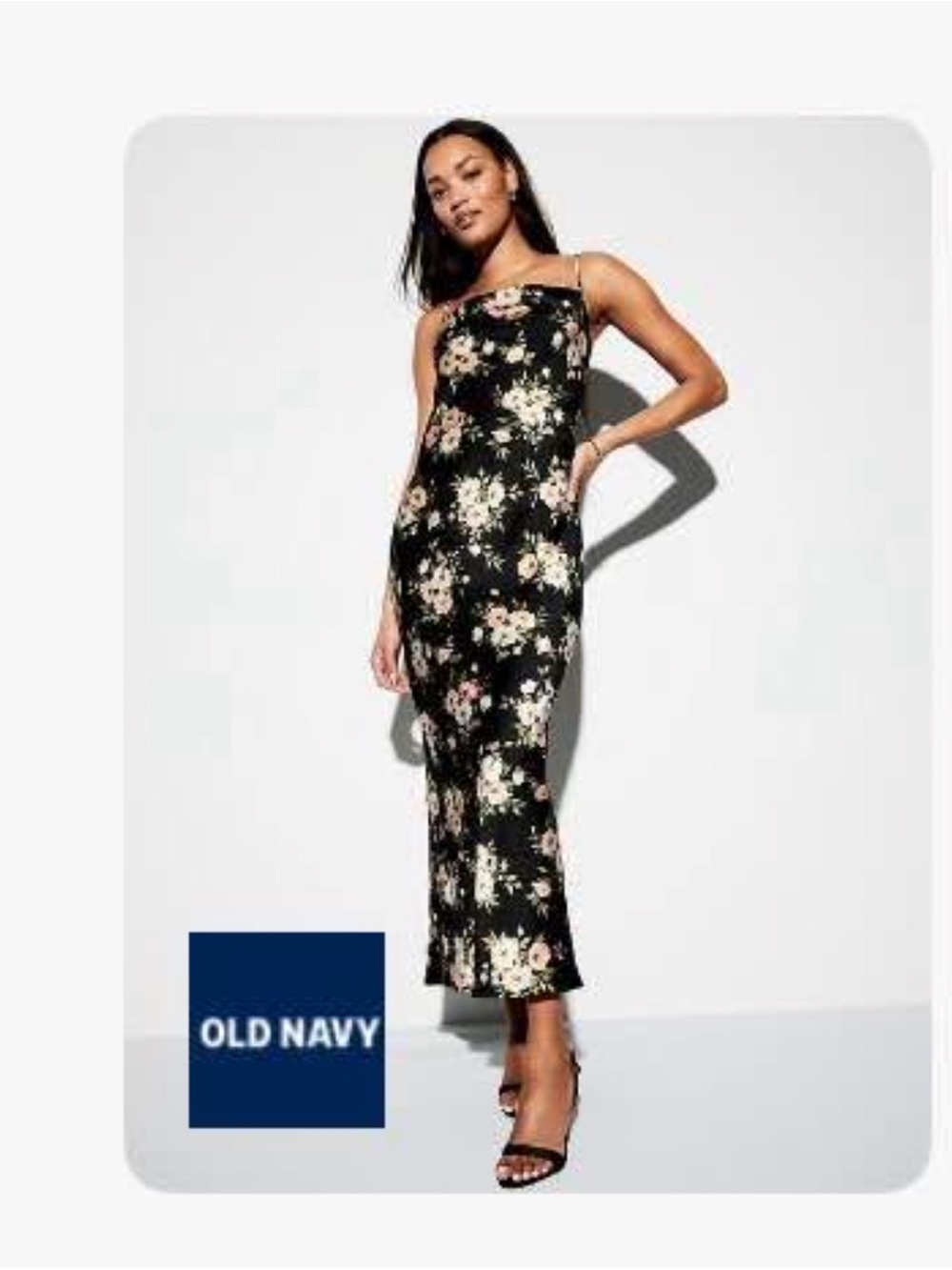 Old Navy Black Floral Slip Maxi Dress with Pink and Cream Blooms